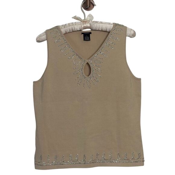 Vintage Silk Keyhole Stretch Knit Rhinestone Y2K Tank Top Beige Silver Boho Chic - Picture 1 of 9